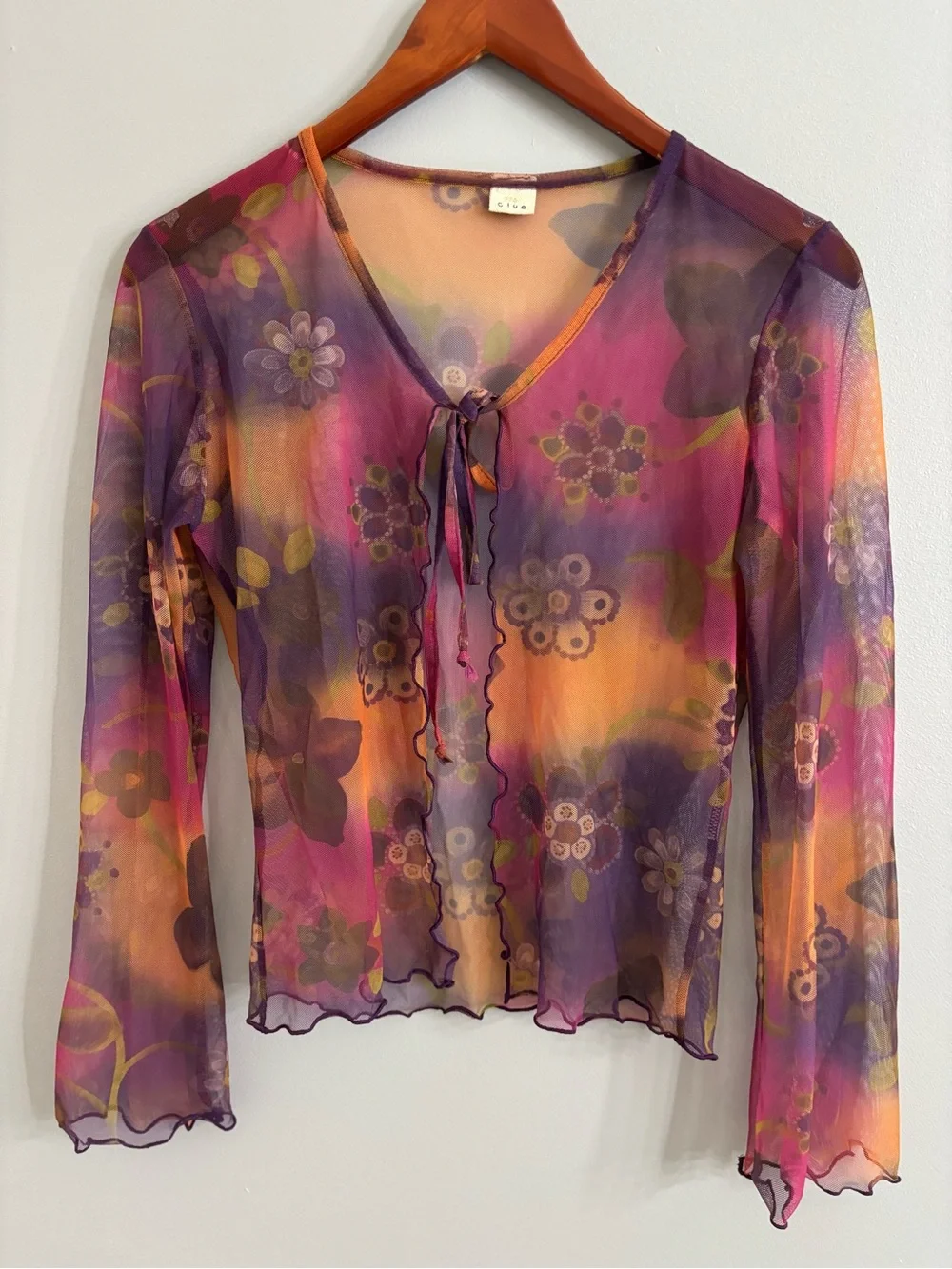 Y2K Sheer Mesh Watercolor Floral Tie Front Cardigan Top S